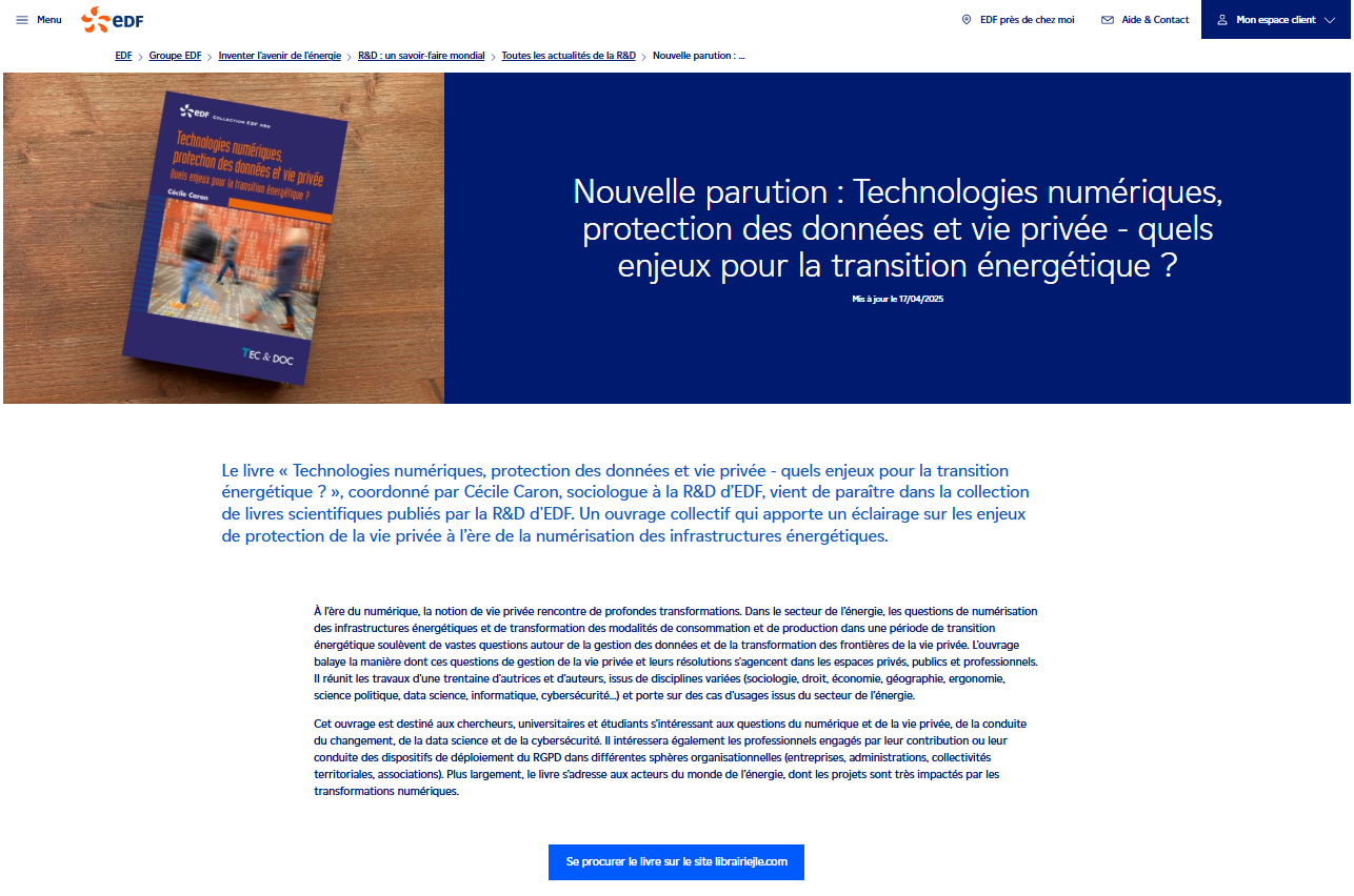 Retrouvez l'article sur le site EDF : Nouvelle parution : Technologies numériques, protection des données et vie privée - quels enjeux pour la transition énergétique ?